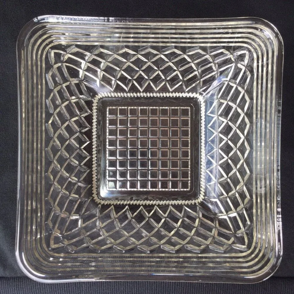 Vintage Clear Cut Glass Square Serving Bowl Dish Geometric Diamonds Retro Ornate